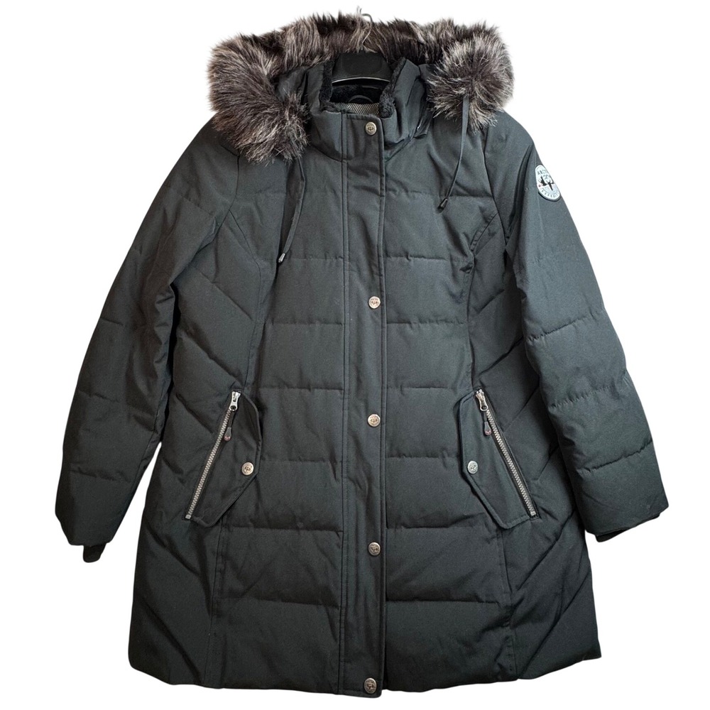 Arctic Expedition Womens Black Down Fill Quilted Puffer Parka Faux Fur Hood L